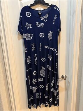 Royal Creations Hawaiian Navy Blue Beach Fish Long Lycra Dress L/XL